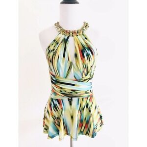 Bebe | Cut Out Halter Top Womens XS Green Studded Sleeveless Stretch